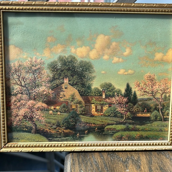 Vintage print in gold wood frame, cottage, spring, creek w/ ducks, 9x7” - Picture 1 of 5